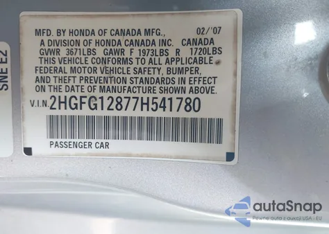 2007 Honda Civic Ex z USA, uszkodzony, nr VIN 2HGFG12877H541780